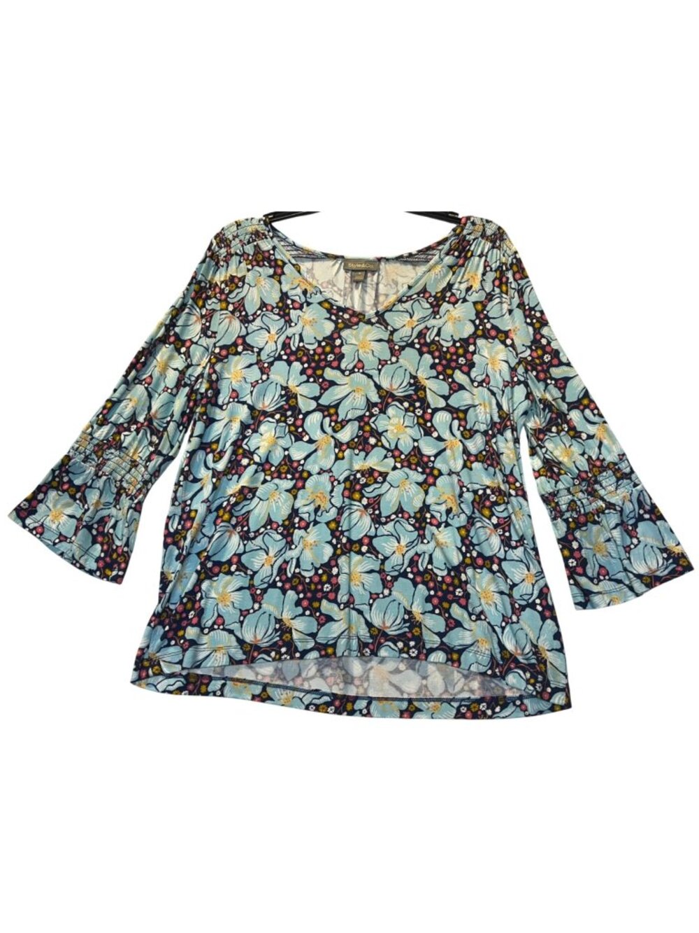 Style & Co Womens Size Medium Blooming Blue Floral Top V-Neck 3/4 Ruched Sleeves